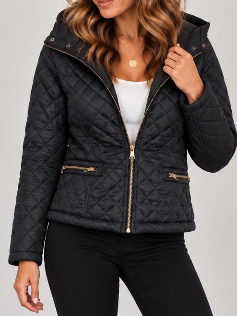 Ambiance Black Quilted Hooded Jacket Faux Fur Lined Gold Zip Size S